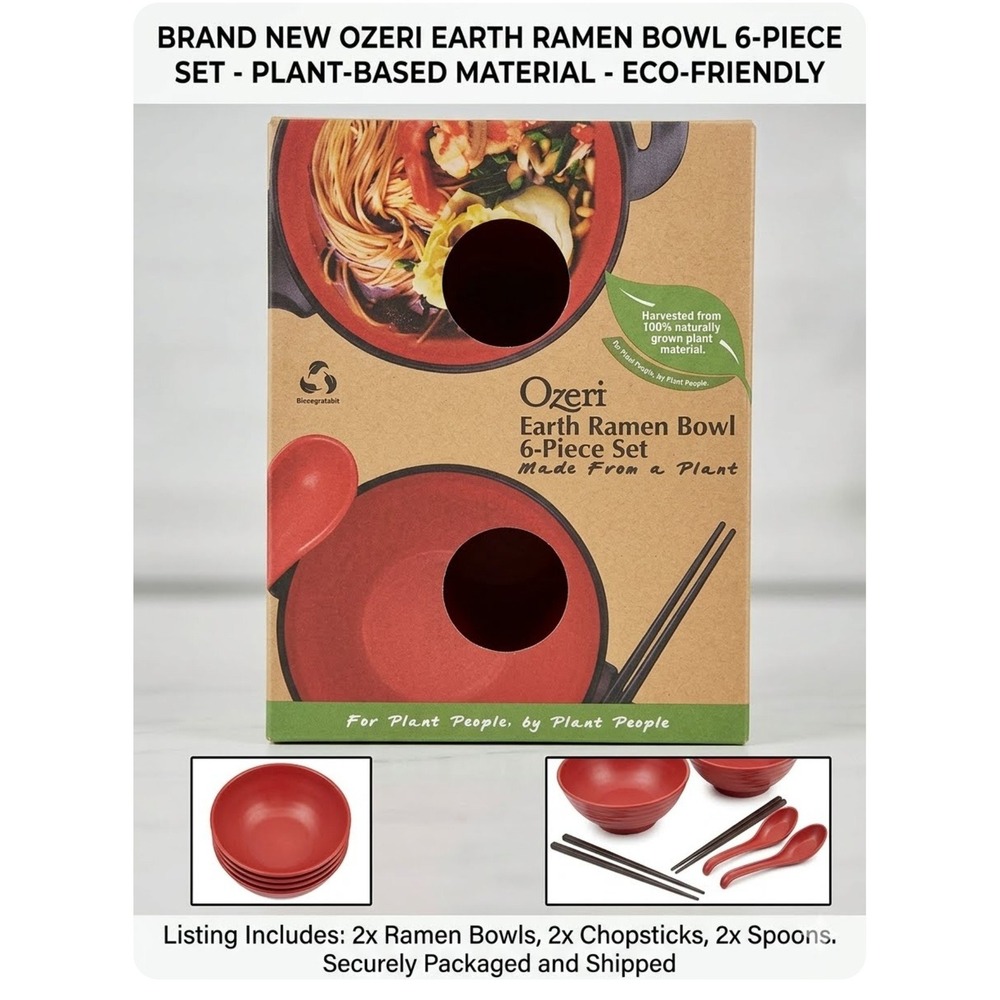 Ozeri Earth Ramen Bowl 6-Piece Set Red Plant-Based Eco-Friendly RB2-RD NEW